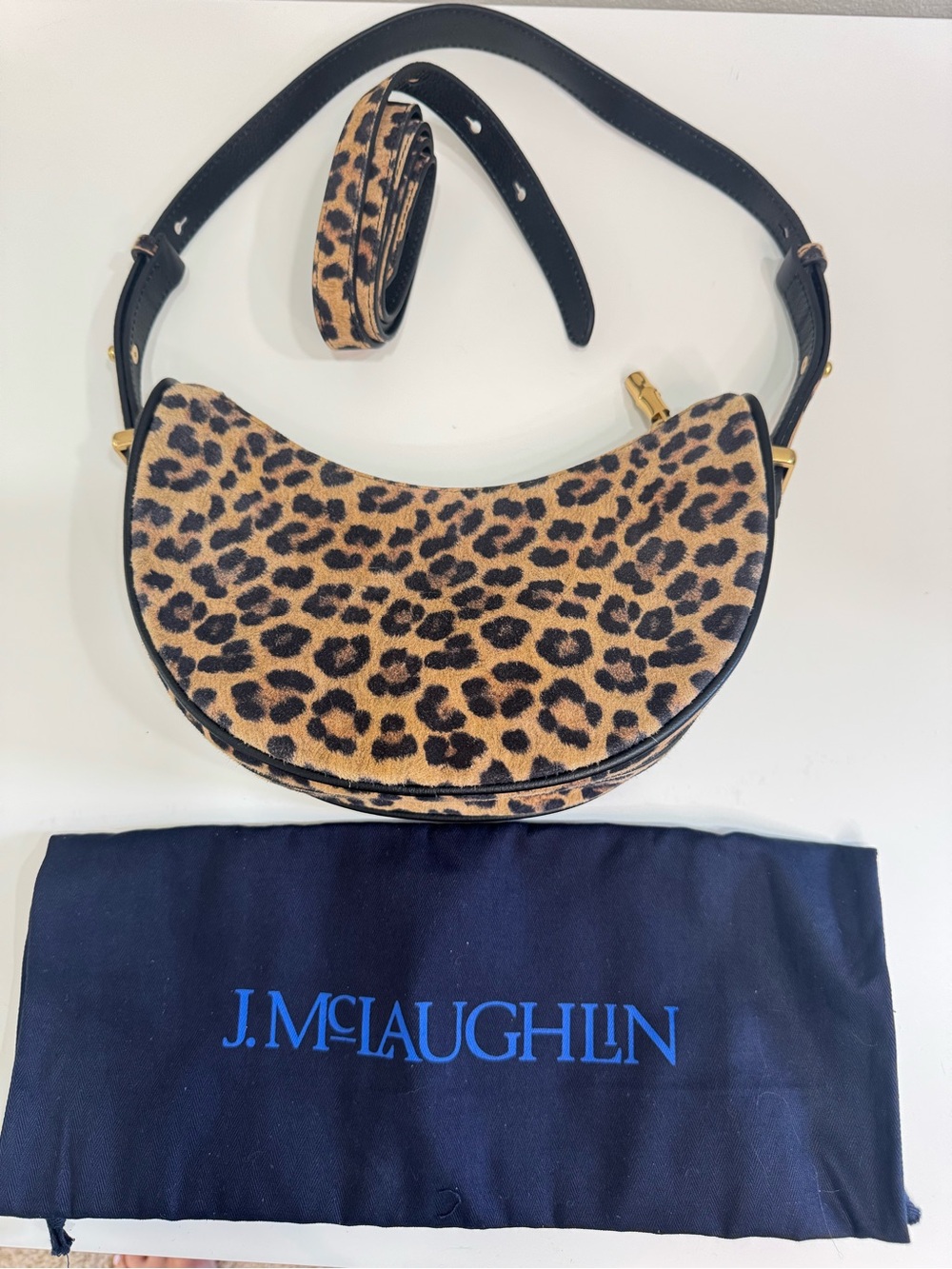 J. MCLAUGHLIN Leopard Print Suede Leather Crescent Crossbody Shoulder Bag
